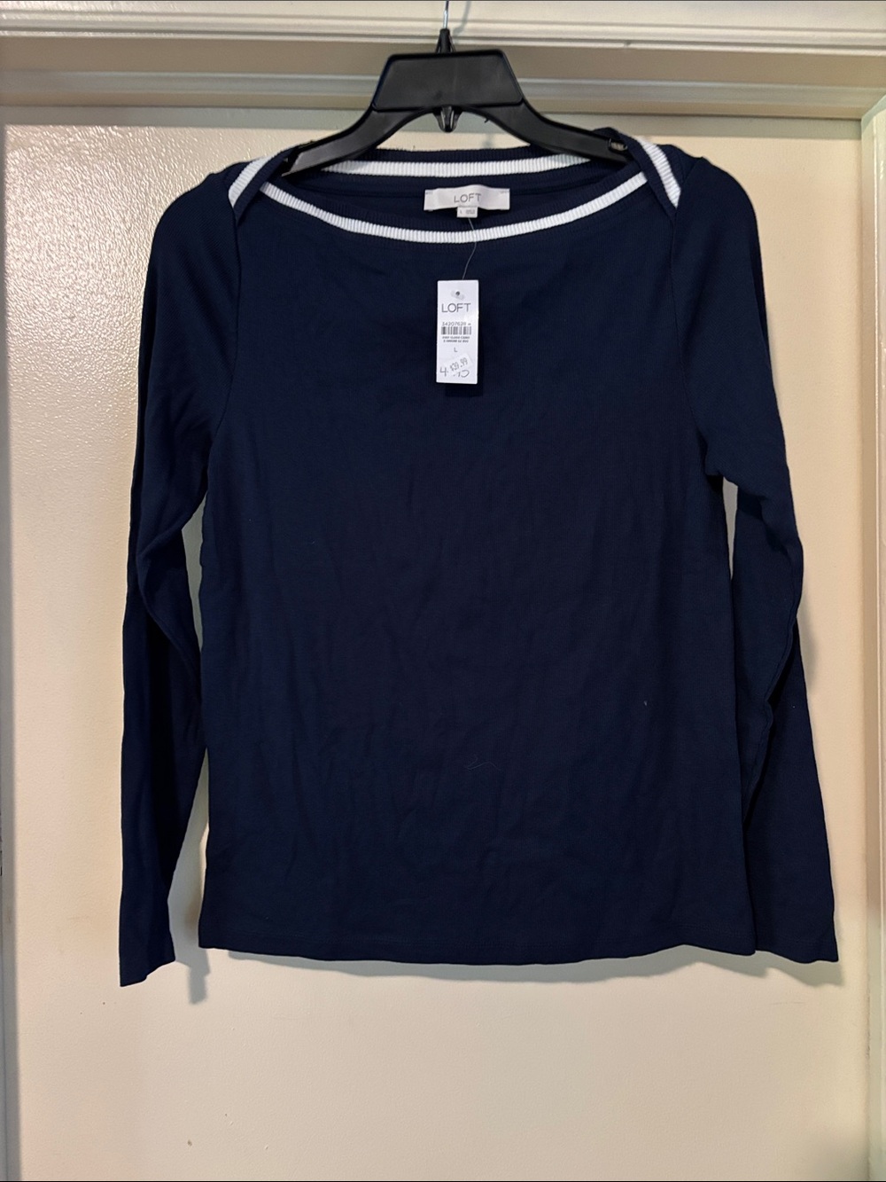 LOFT Navy Long Sleeve Boatneck Top with White Trim Accent. NWT Size L
